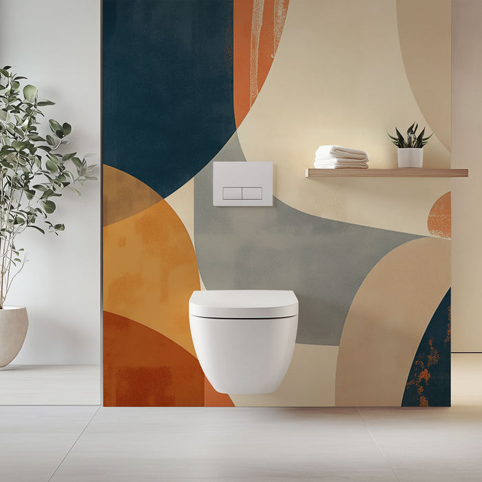 Une salle de bain moderne avec un papier peint abstrait aux formes organiques dans des teintes de bleu, orange et beige, créant une ambiance chaleureuse et contemporaine.