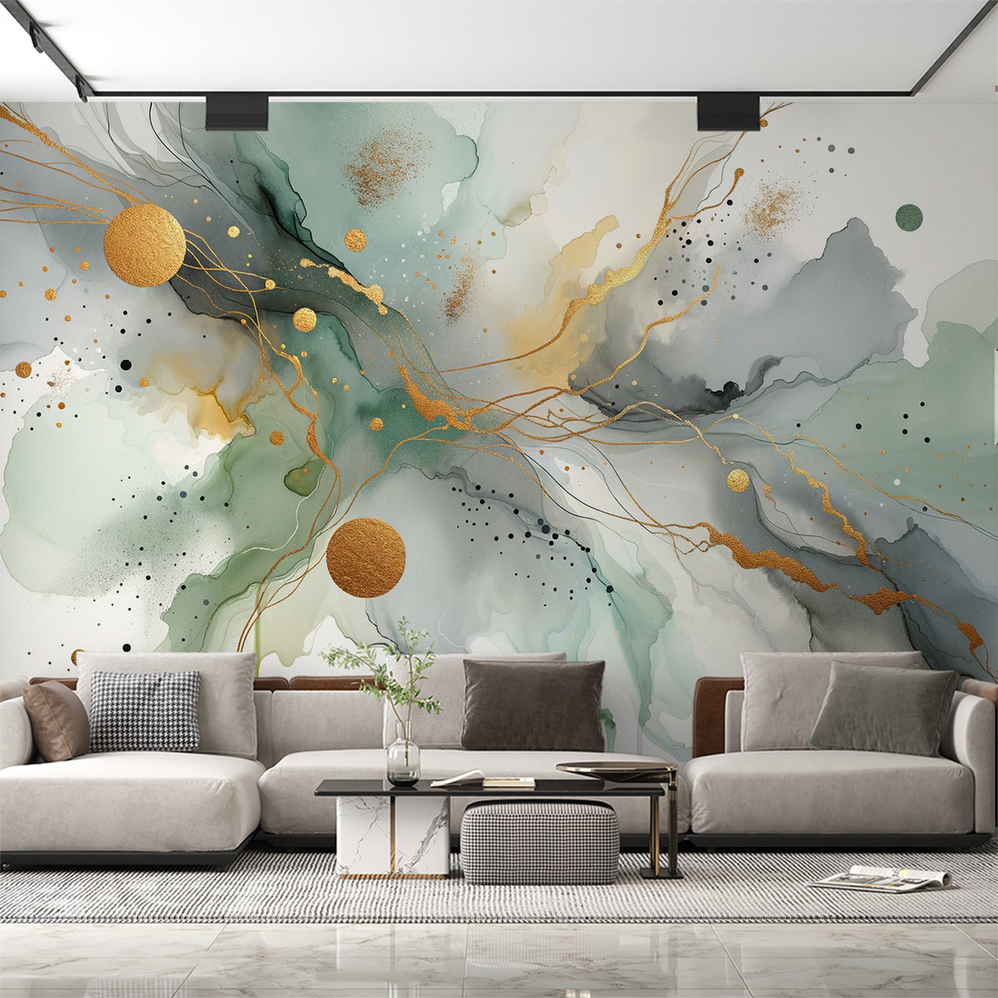 Papier peint mural encre dorée fluide éclat d’or et chaleur