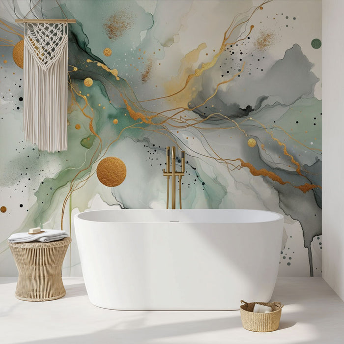 Papier peint salle de bain | Aquarelle abstraite avec tâches dorées