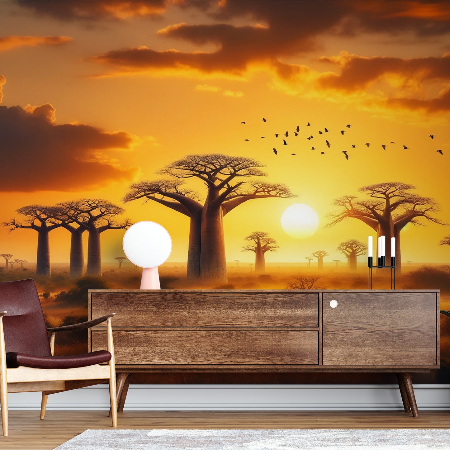 Papier peint savane africaine | Baobab et coucher de soleil