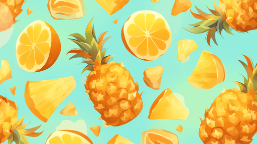 Papier peint tropical aux motifs de fruits exotiques, ananas et citrons sur fond turquoise, évoquant une ambiance fraîche et estivale.