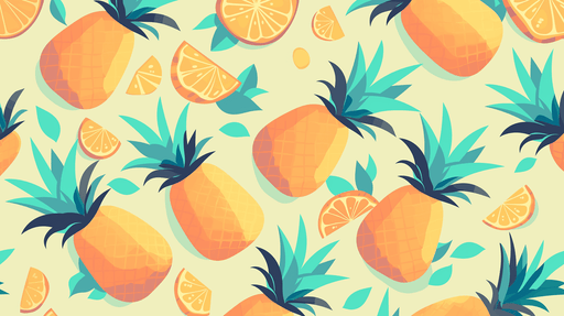 Papier peint tropical aux motifs de ananas et d'orange sur fond clair, évoquant une ambiance estivale et joyeuse.