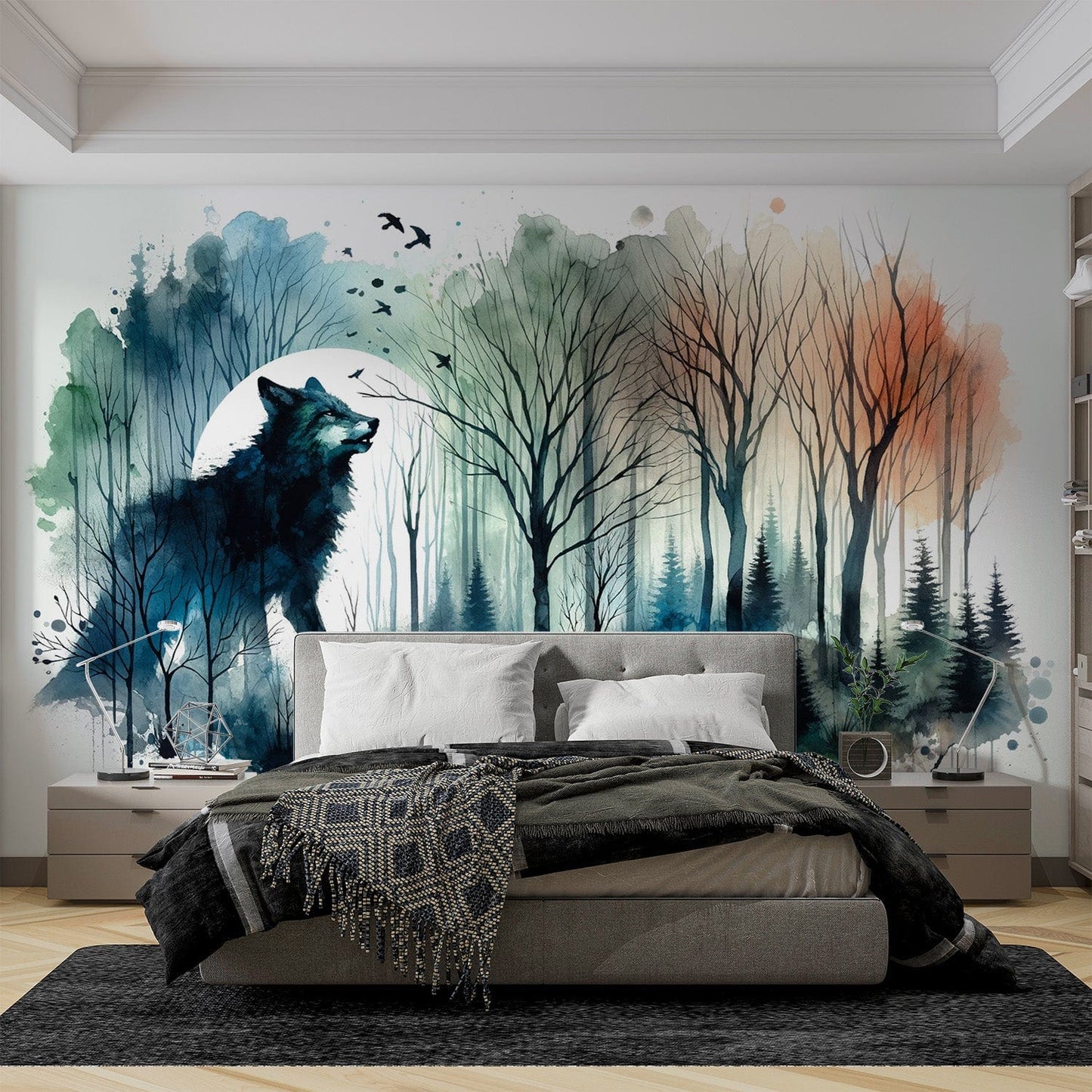 Papier peint aquarelle | Loup et forêt nocturne