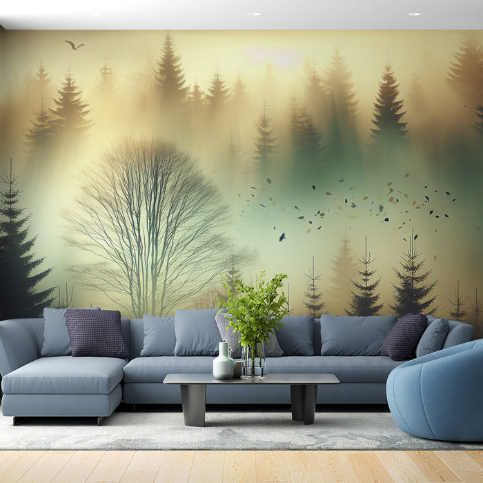 Papier peint arbre | Forêt de sapins avec brume colorée