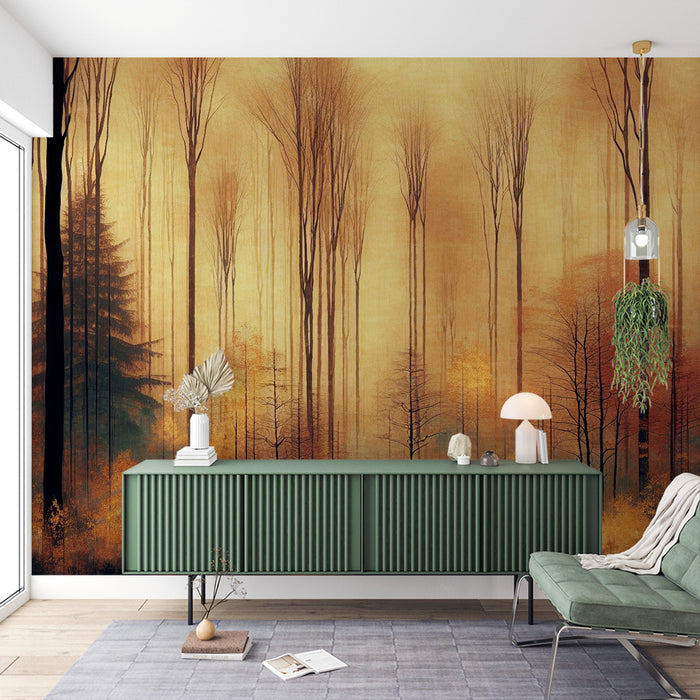Papier peint arbre | Forêt en style vintage orange