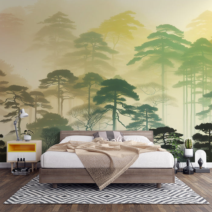 Papier peint arbre | Silhouette d'une forêt de grands arbres au fond coloré