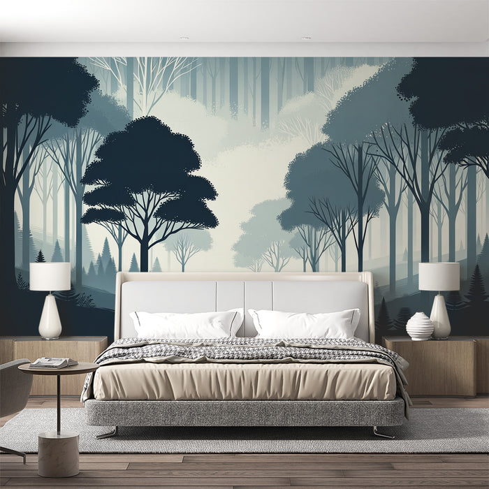 Papier peint arbre | Silhouettes d'une forêt aux tons bleutés