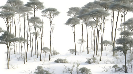 Papier peint représentant une forêt minimaliste avec des arbres élancés aux teintes grises et blanches, créant une atmosphère apaisante et éthérée.