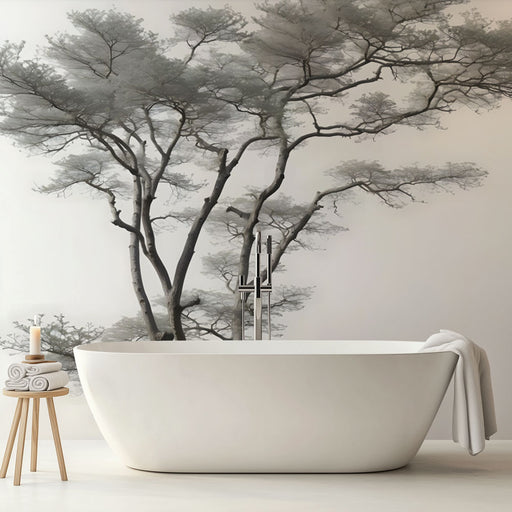 Une salle de bain épurée avec un papier peint représentant des arbres en nuances de gris, créant une atmosphère sereine et naturelle.
