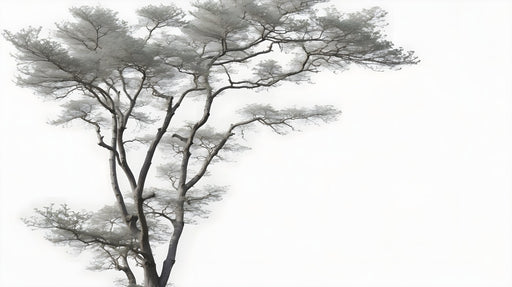 Papier peint représentant un arbre délicat aux teintes grises sur fond blanc, créant une ambiance apaisante et minimaliste.