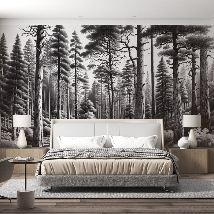 Papier peint arbre noir et blanc | Forêt de grands arbres et sapins