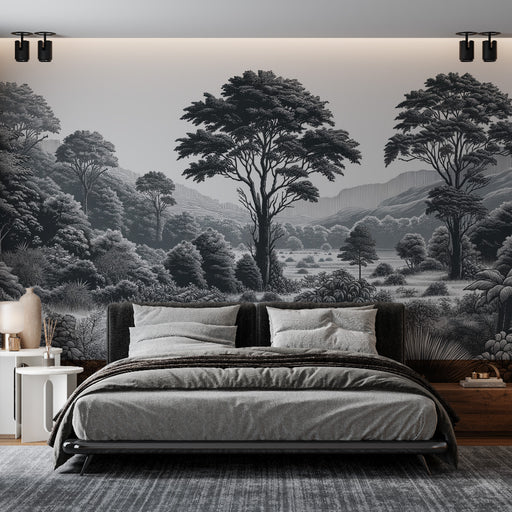 Une chambre moderne avec un papier peint représentant un paysage monochrome de montagnes et d'arbres, créant une atmosphère apaisante et élégante.