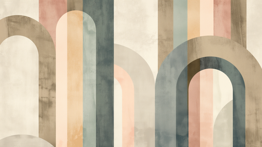 Papier peint abstrait aux formes arquées et aux teintes douces de beige, rose et bleu, créant une ambiance moderne et apaisante.