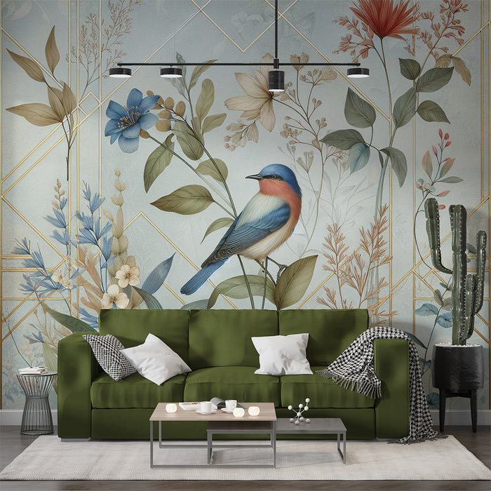 Papier peint fleurs vintage et oiseaux flamants roses Papier peint fleurs vintage et oiseaux flamants roses