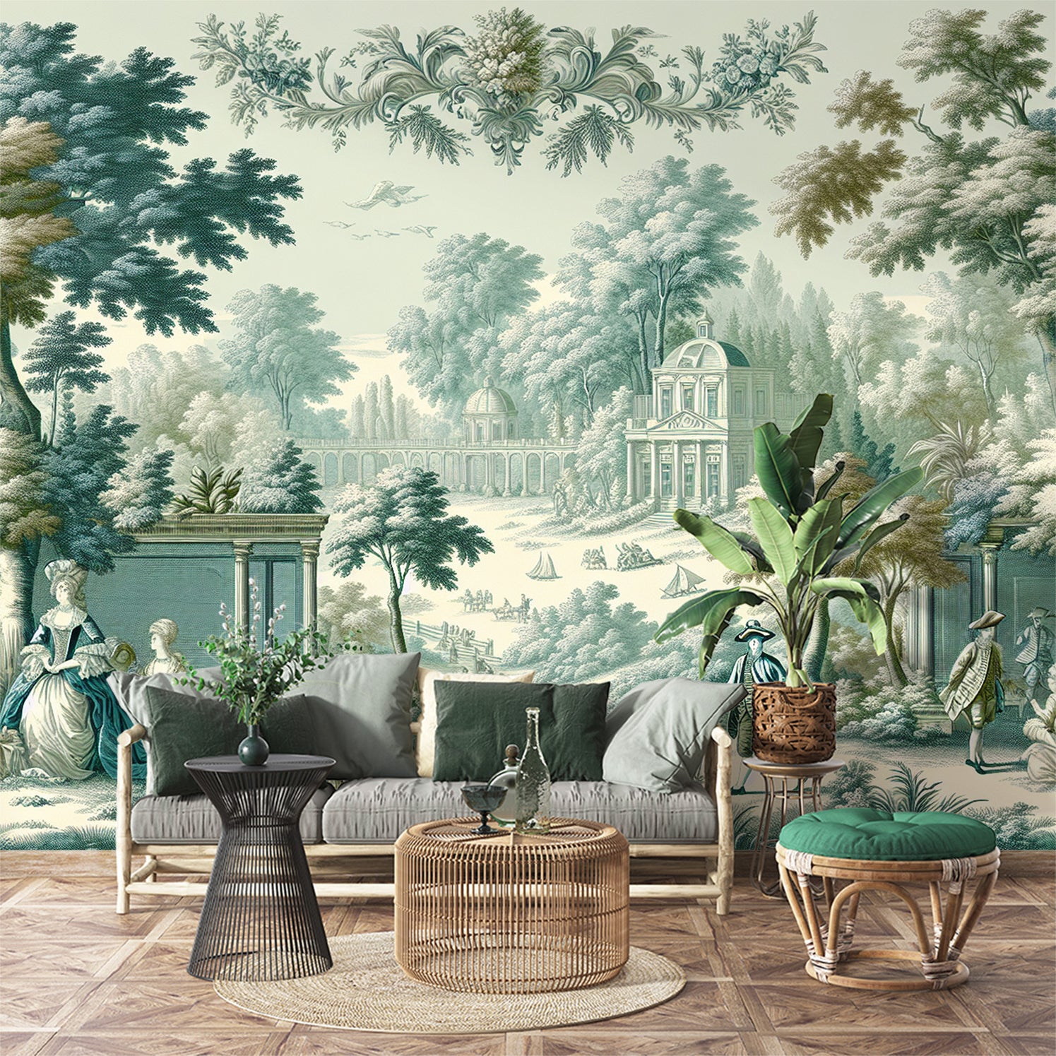 Papier Peint Toile De Jouy Foret Verte