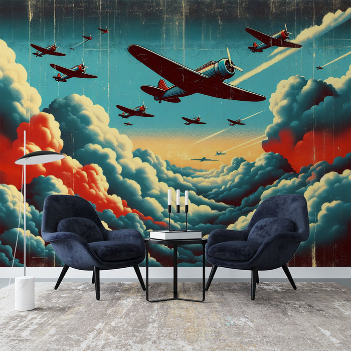 Papier peint avion | Allée de nuages rouges et bleutés style vintage