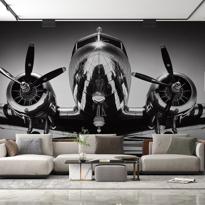 Papier peint avion | Avion chromé réaliste noir et blanc