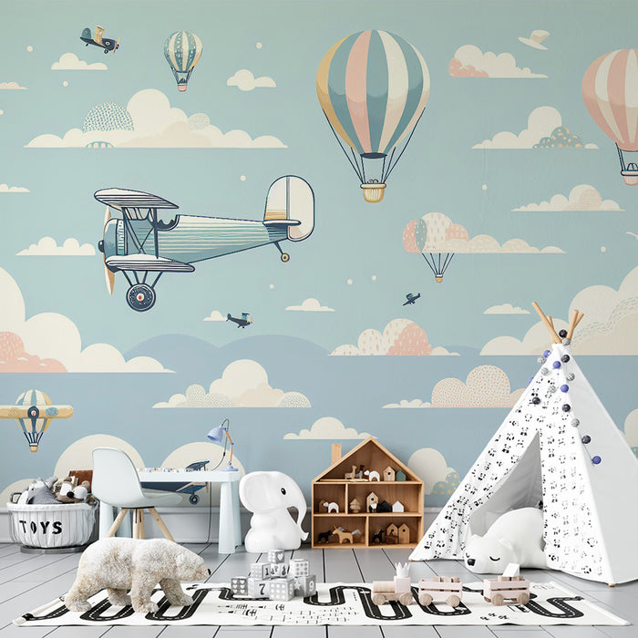 Papier peint avion | Montgolfières et nuages pour enfant