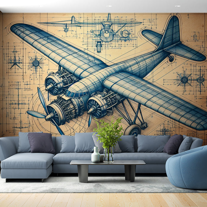 Papier peint avion | Plan technique vintage avec fond vieillit