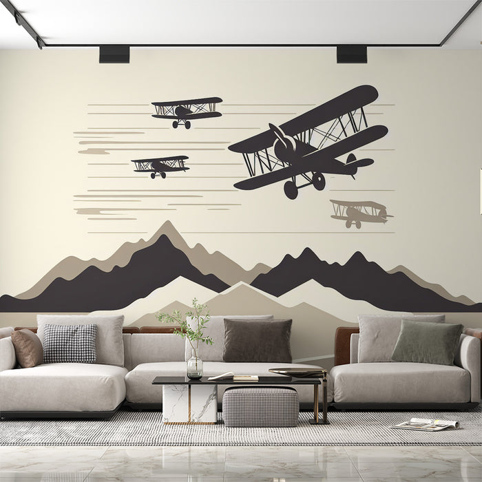 Papier peint avion | Relief montagneux géométriques et silhouette d'avion