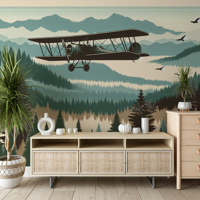 Papier peint avion | Survolant une forêt de sapins