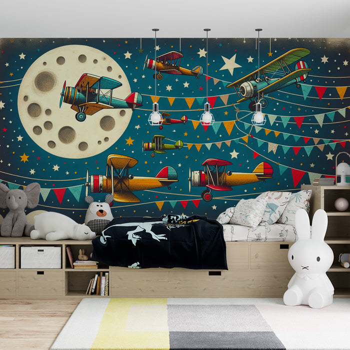Papier peint avion pour enfant | Banderoles colorées, lune et étoiles