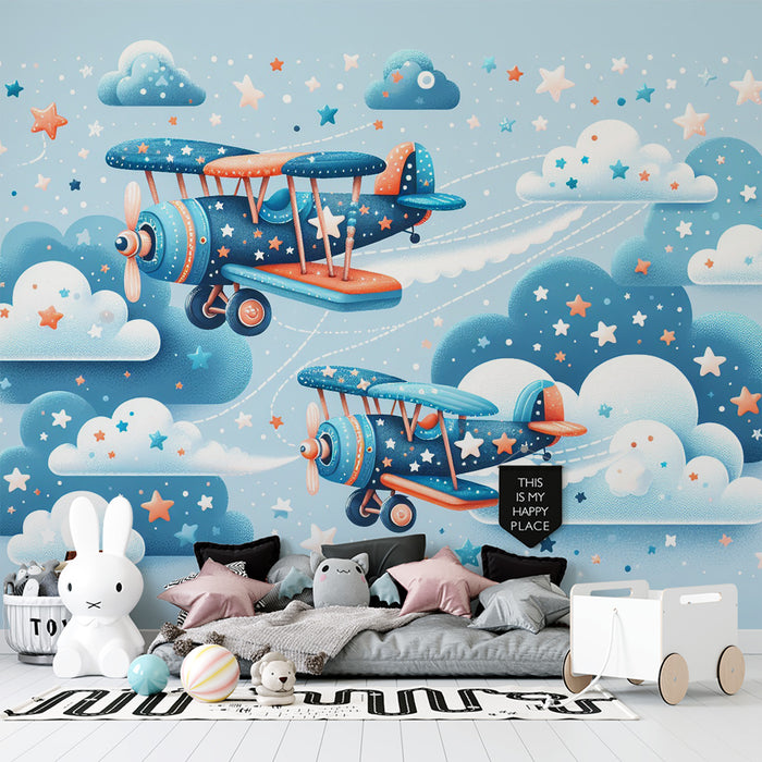Papier peint avion pour enfant | Nuages, étoiles et avions colorés