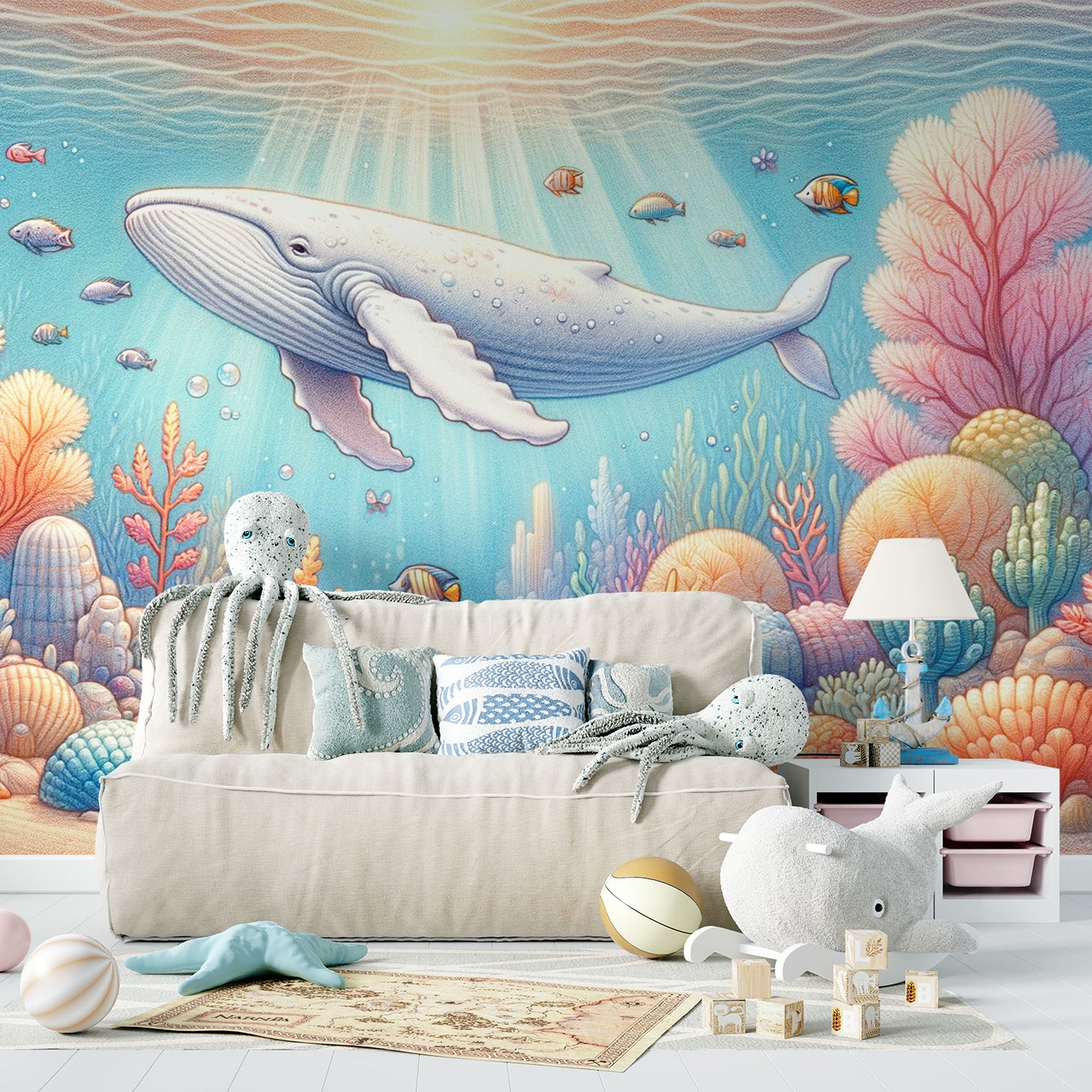 Papier peint baleine | Coraux et poissons colorés