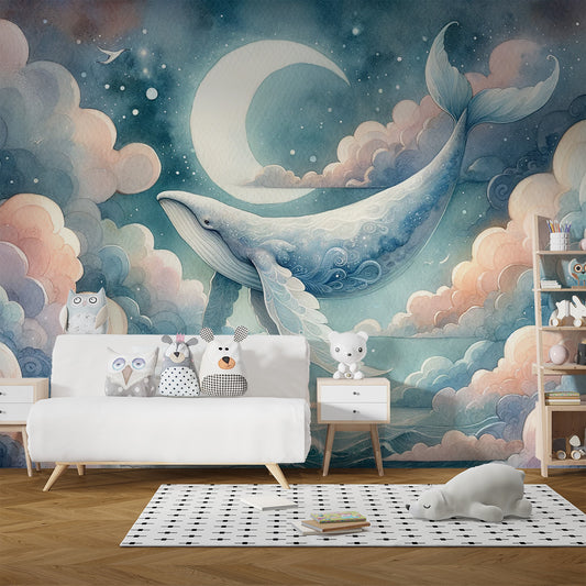 Papier peint baleine | Croissant de lune avec baleine volante