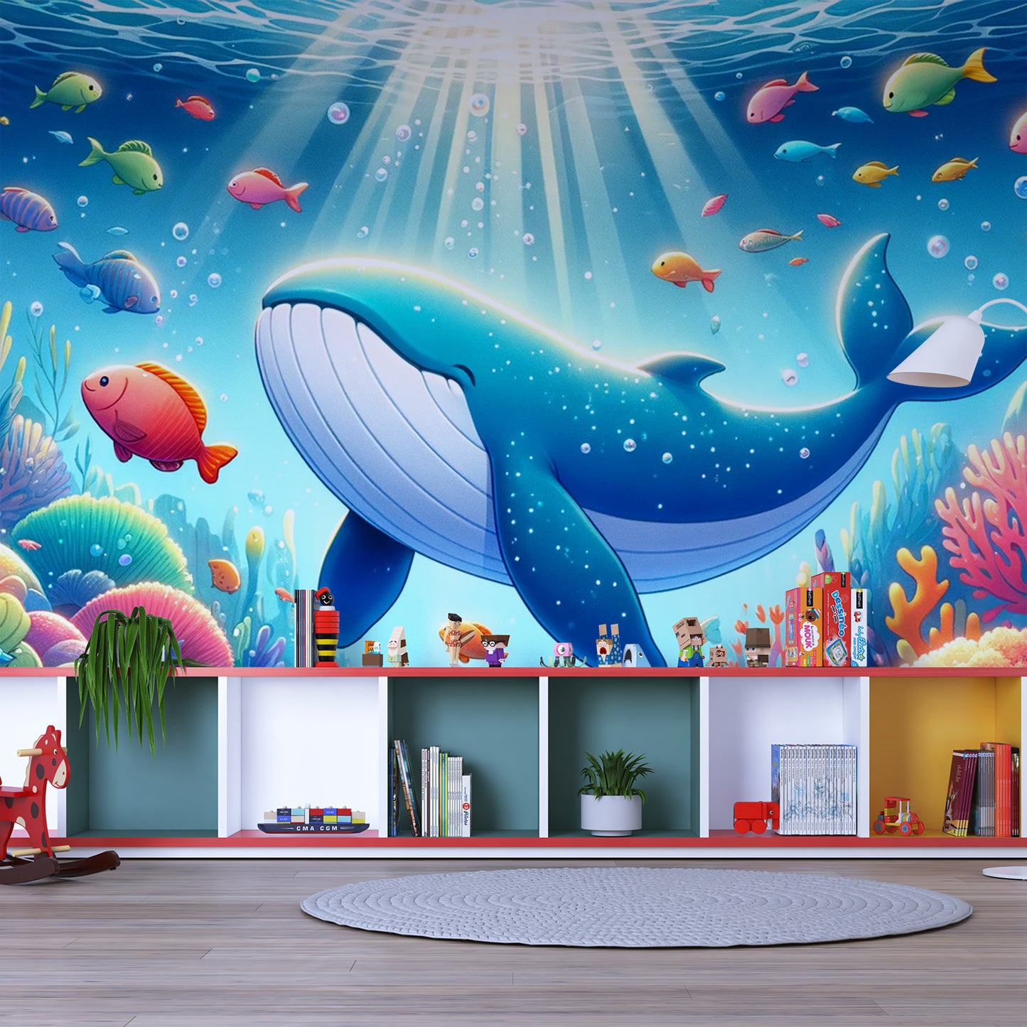 Papier peint baleine | Dessin animé avec coraux et poisson