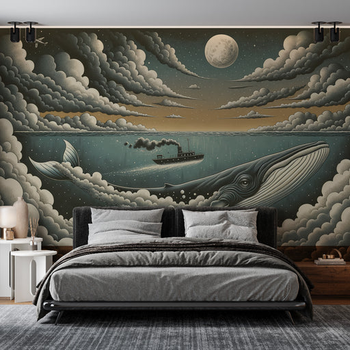 Une chambre moderne avec un papier peint illustrant une baleine majestueuse sous un ciel étoilé, créant une atmosphère rêveuse et apaisante.