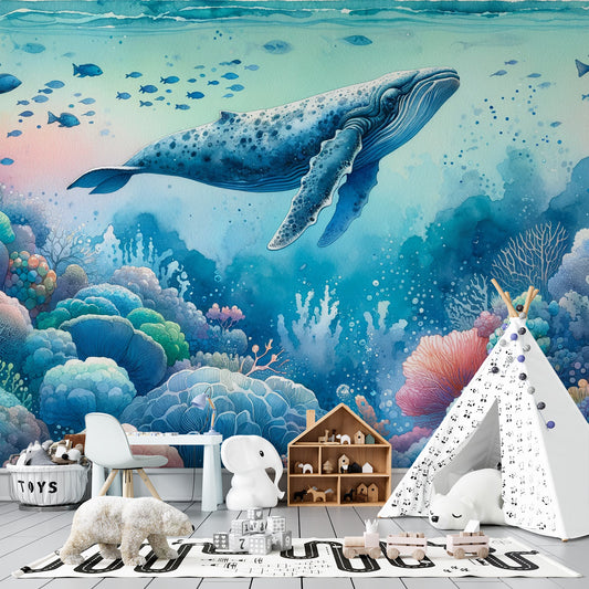 Papier peint baleine aquarelle | Poissons et coraux