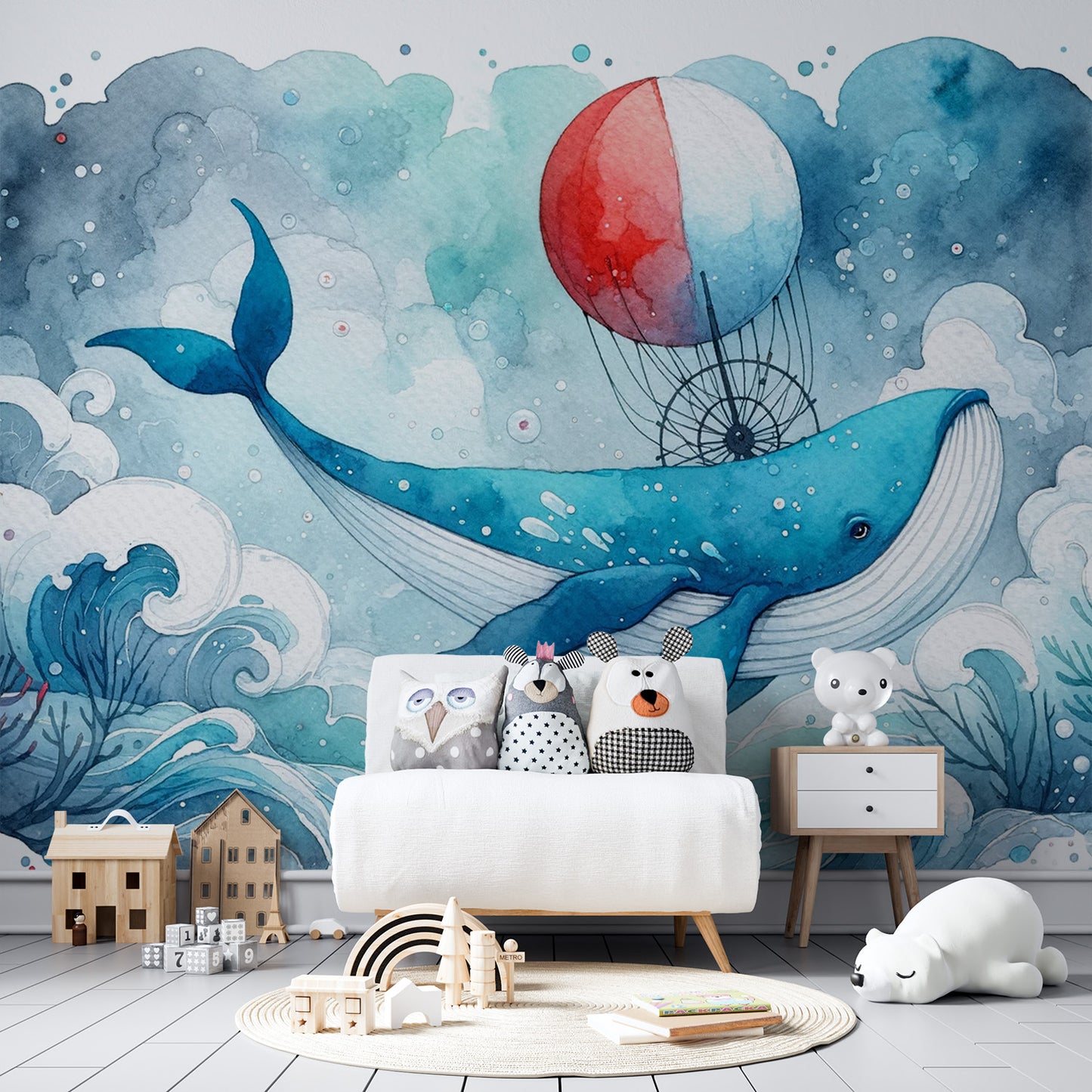 Papier peint baleine bleue | Aquarelle et Montgolfière