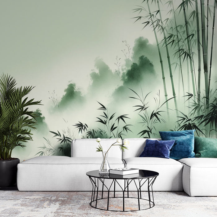 Papier peint bambou | Forêt de bambou style encre chinoise verte et aquarelle