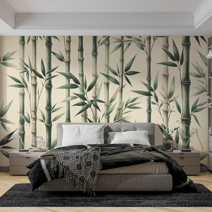 Papier peint bambou | Illustration vintage tiges de bambou vertes et neutres