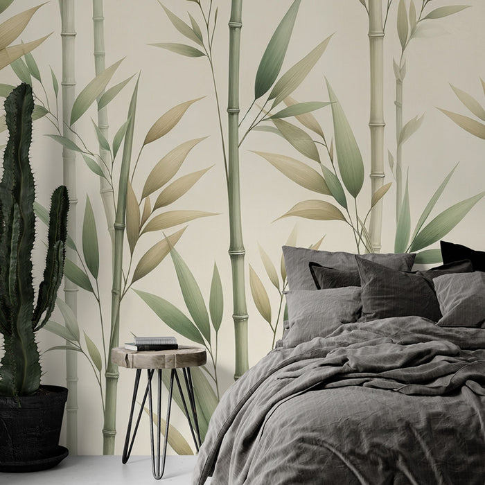 Papier peint bambou | Tiges de bambou style vintage vertes et beiges