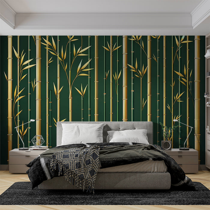 Papier peint bambou | Tiges de bambou vertes et dorées