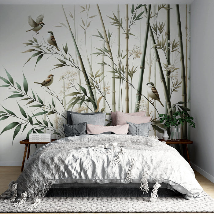 Papier peint bambou | Tons neutres avec oiseaux sur fond blanc