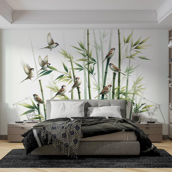 Papier peint bambou vert | Oiseaux et feuilles de bambou réaliste