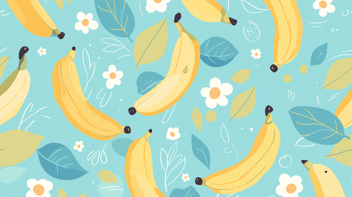Papier peint ludique aux motifs de bananes jaunes sur fond bleu clair, agrémenté de feuilles et de fleurs blanches, créant une ambiance joyeuse et estivale.