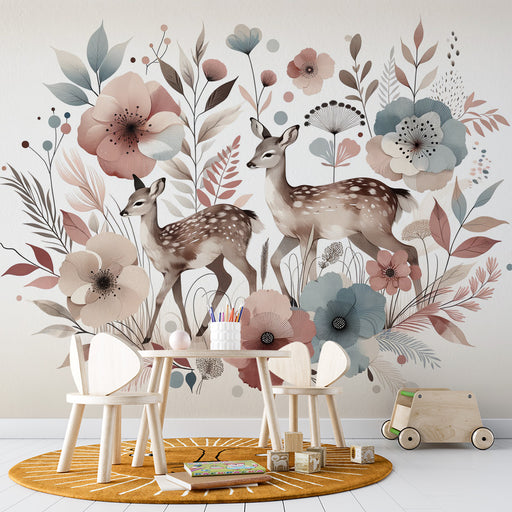 Une chambre d’enfant avec un papier peint floral et animalier représentant des faons entourés de grandes fleurs pastel, créant une ambiance douce et enchanteur.