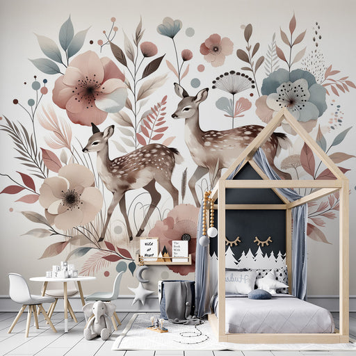Une chambre d'enfant avec un papier peint floral doux représentant des cerfs et de grandes fleurs dans des teintes pastel, créant une ambiance chaleureuse et apaisante.