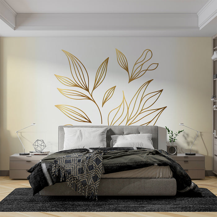 Papier peint blanc et or | Silhouette de feuilles dorées