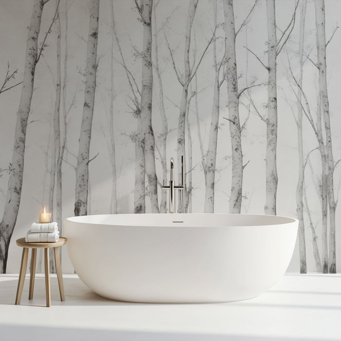 Une salle de bain moderne avec un papier peint représentant des arbres en noir et blanc, créant une atmosphère apaisante et naturelle.