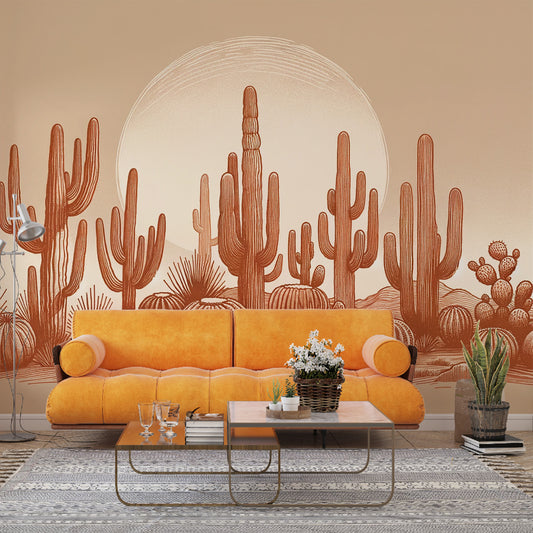 Papier peint cactus | Coucher de soleil terracotta