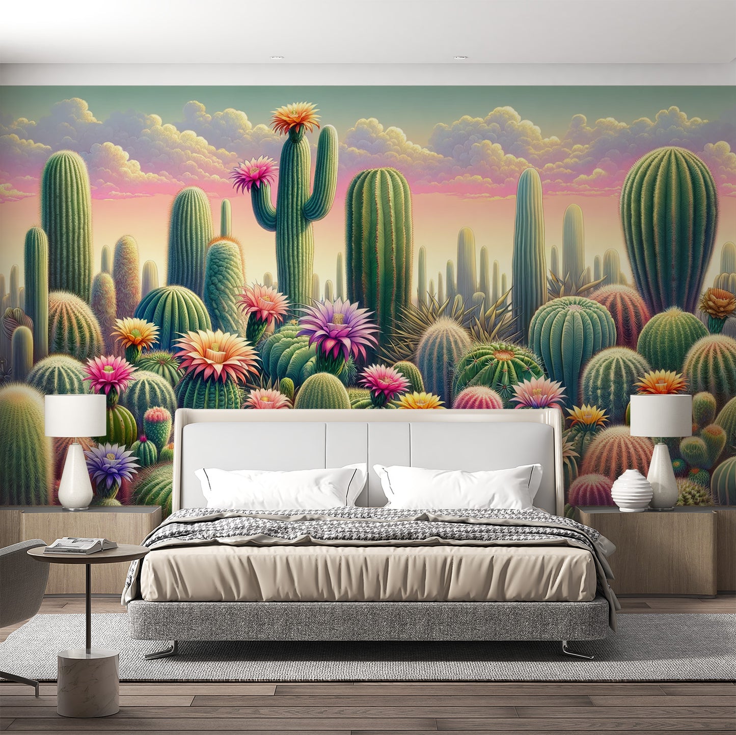 Papier peint cactus | Fleurs et ciel coloré