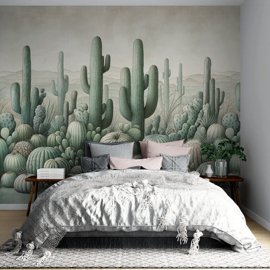 Papier peint cactus vert | Couleurs neutres et cactus difformes