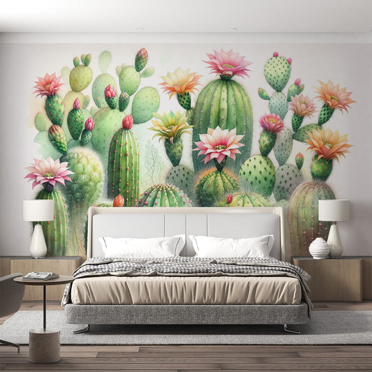 Papier peint cactus vert | Fleurs colorées style aquarelle