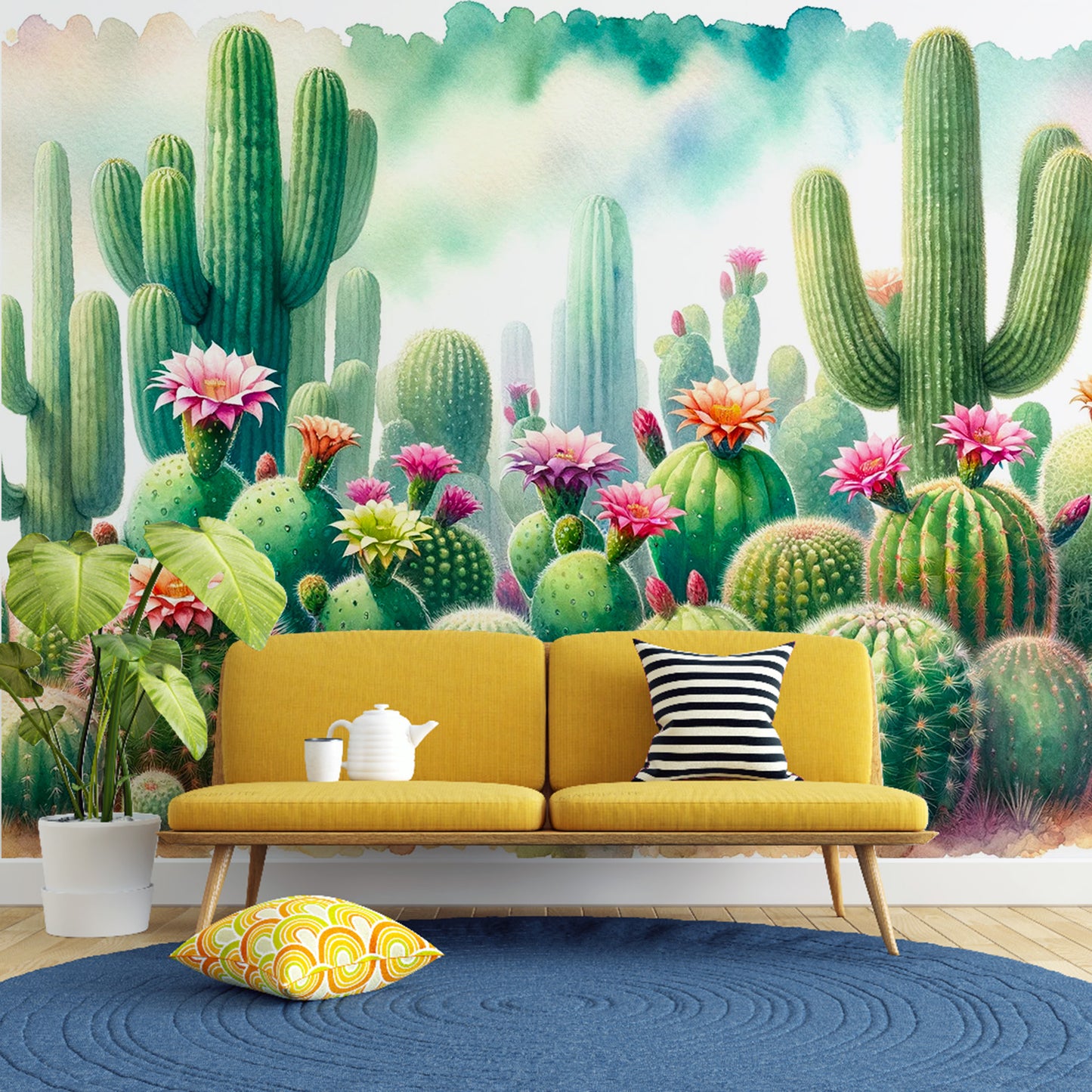 Papier peint cactus vert | Fleurs en aquarelle