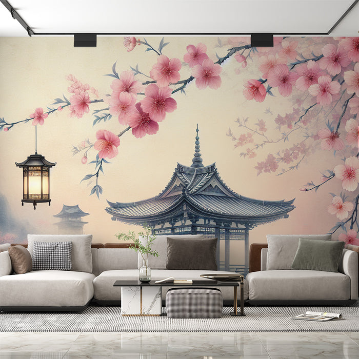 Papier peint cerisier japonais | Cabane japonaise, lanterne et ponton en bois